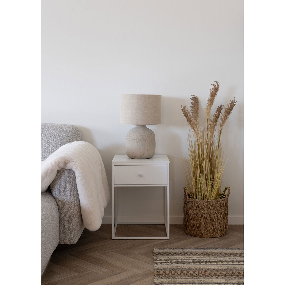 Steel Side Table with Drawer – Modern White Bedside Table, 40x40cm
