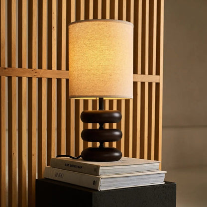 Wooden Table Lamp with Linen Shade - Dark Brown Rustic Home Lighting