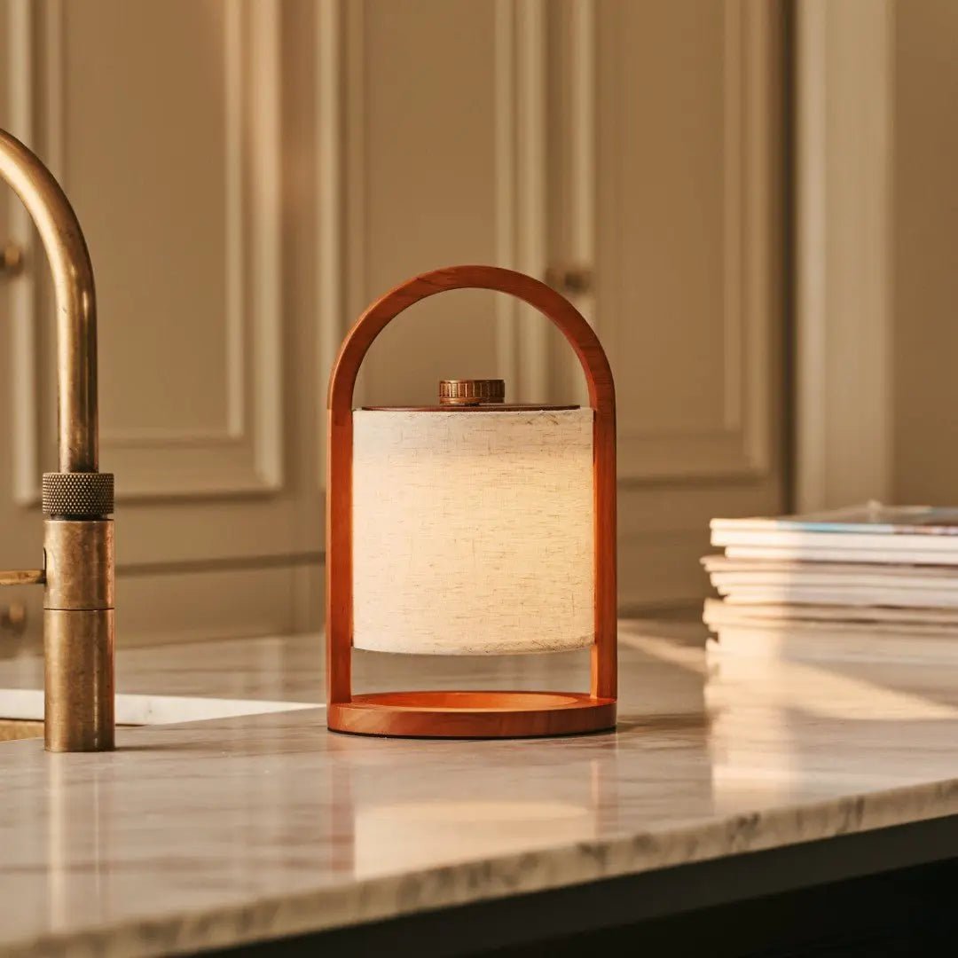 Wooden Rechargeable Table Lamp - Chestnut Brown Linen Blend, 27cm