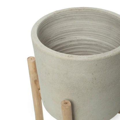 Terracotta Planter with Teak – Concrete Natural Low Planter, Small