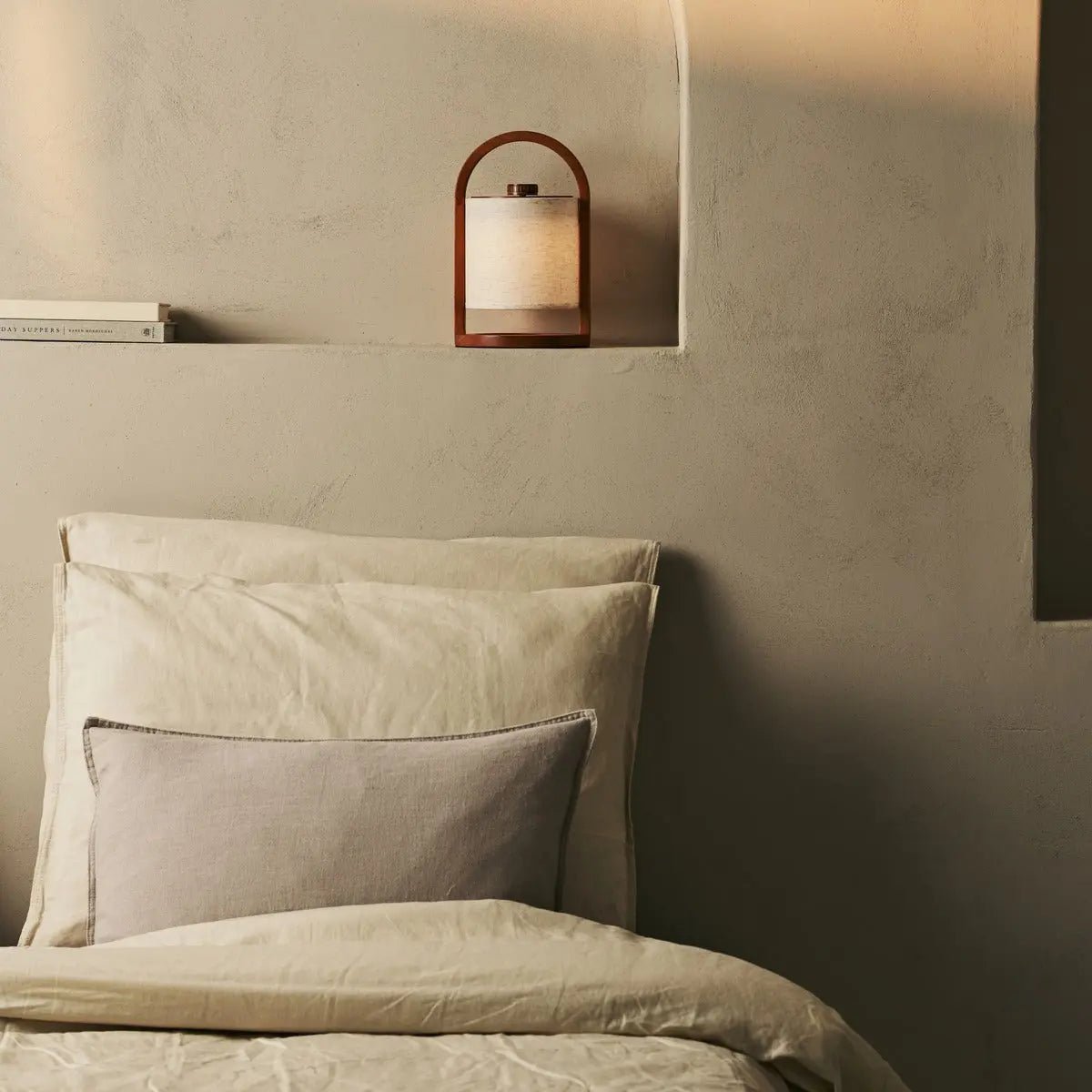 Wooden Rechargeable Table Lamp - Chestnut Brown Linen Blend, 27cm