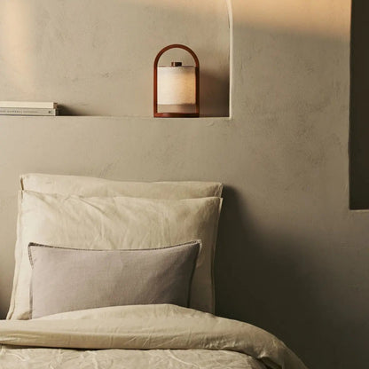 Wooden Rechargeable Table Lamp - Chestnut Brown Linen Blend, 27cm