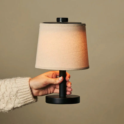 Black Wooden Table Lamp - Cordless Rechargeable Linen Shade