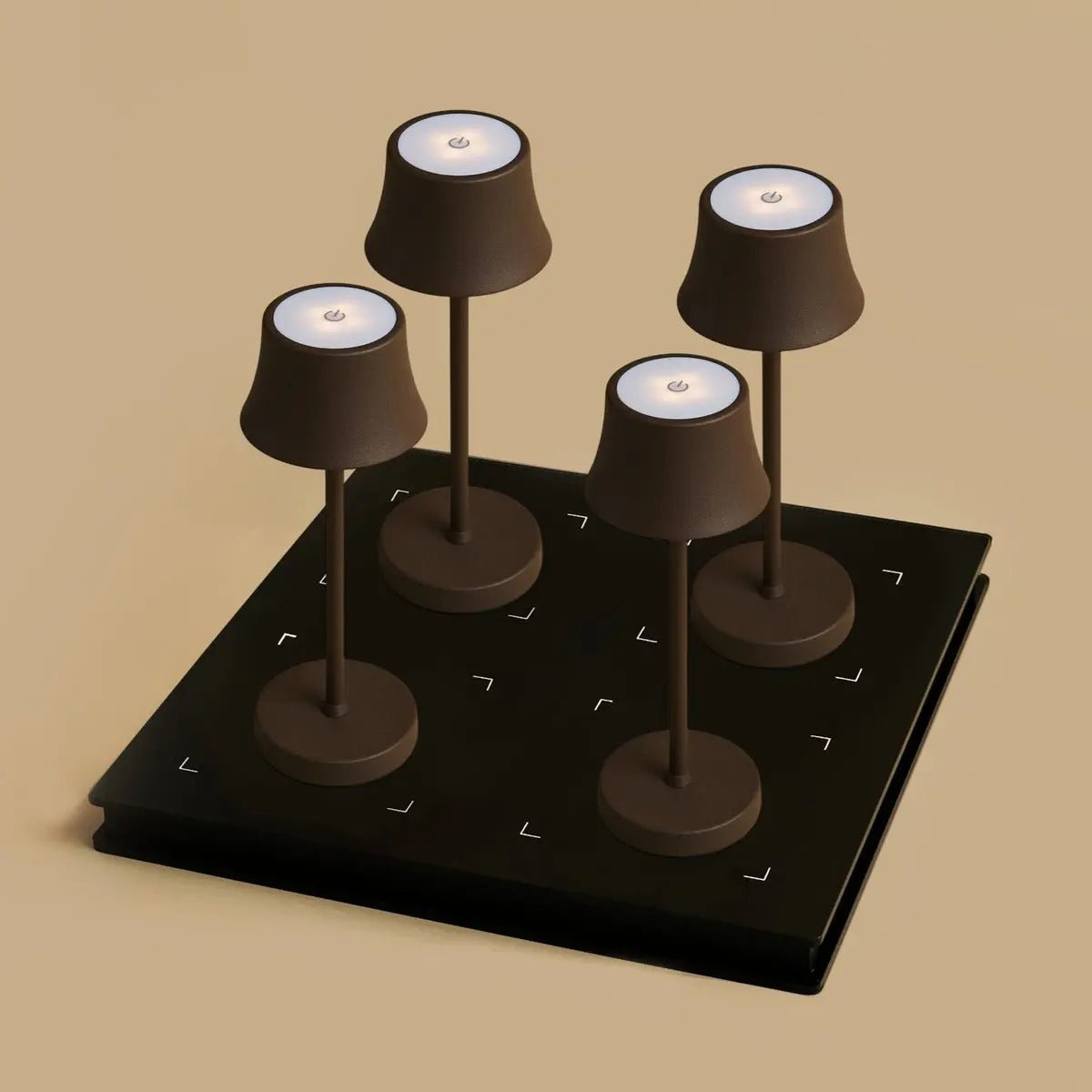 Combi Set Professional | 4 x De Pijp Mini Mocha Brown Rechargeable Table Lamps & 1 x Amstel Charging Station