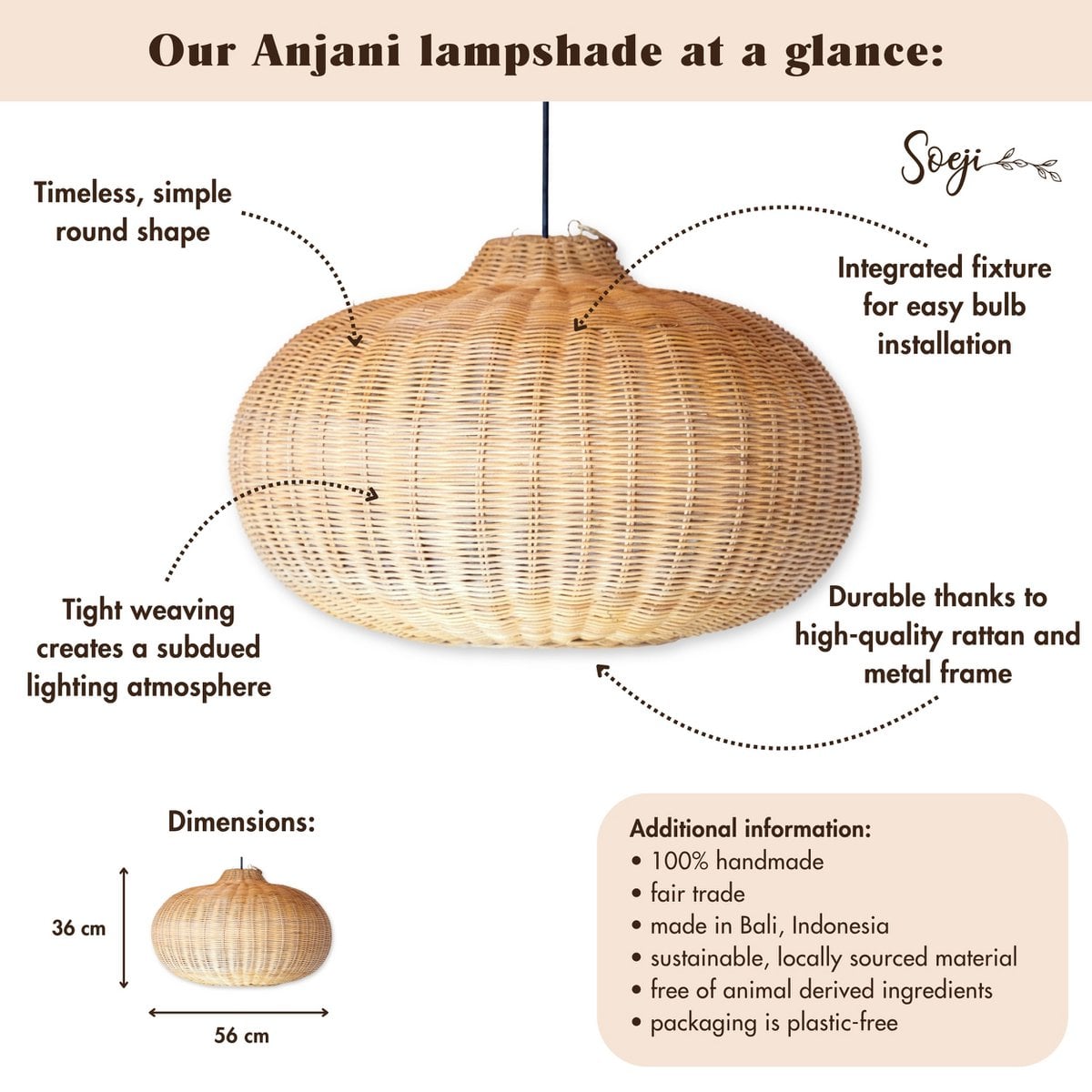 Grand abat-jour en rotin – Luminaire suspendu rond Boho – Lampe hanging en rotin fait main – Abat-jour en fibre naturelle tissée (Ø 56 cm) ANJANI