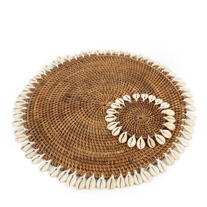 Rattan Placemat with Shells - Natural Brown Table Decor