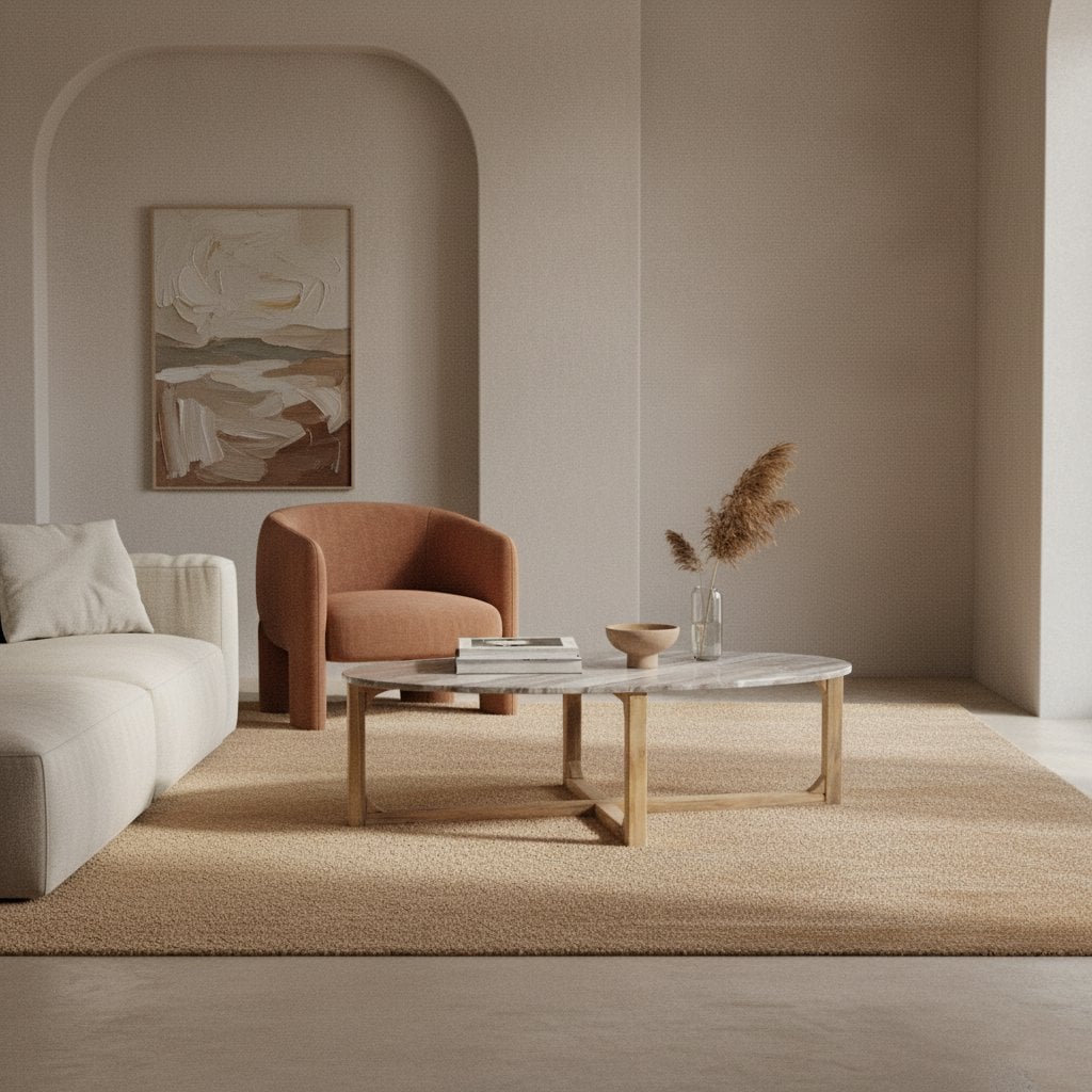 Marble Coffee Table - Oval Fantasy Brown Stone & Mango Wood, 120cm