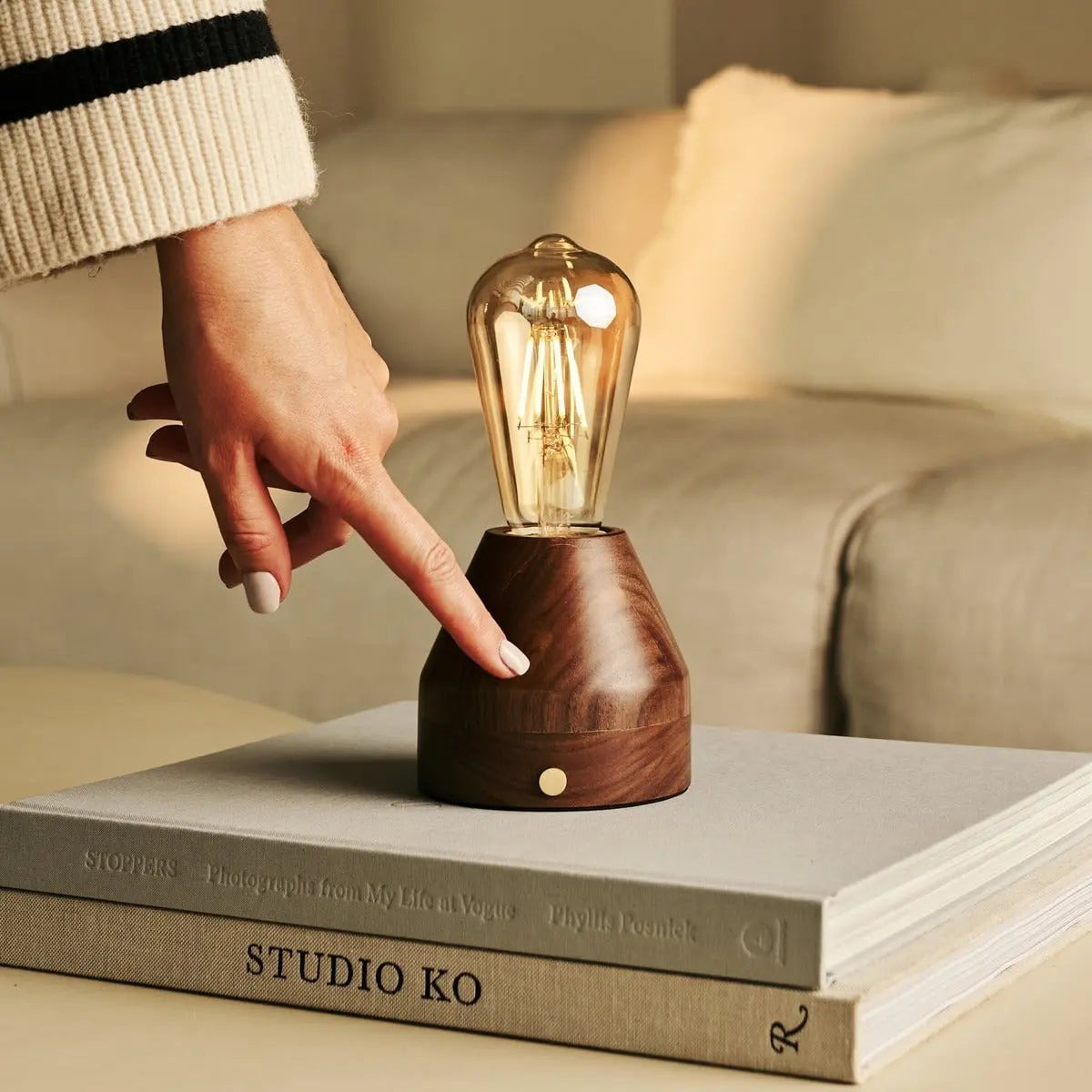 Zavi Walnut Rechargeable Table Lamp | LED, Cordless & 80-Hour Battery Life