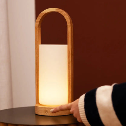 Light Brown Wooden Table Lamp - Cordless Rechargeable Dimmable