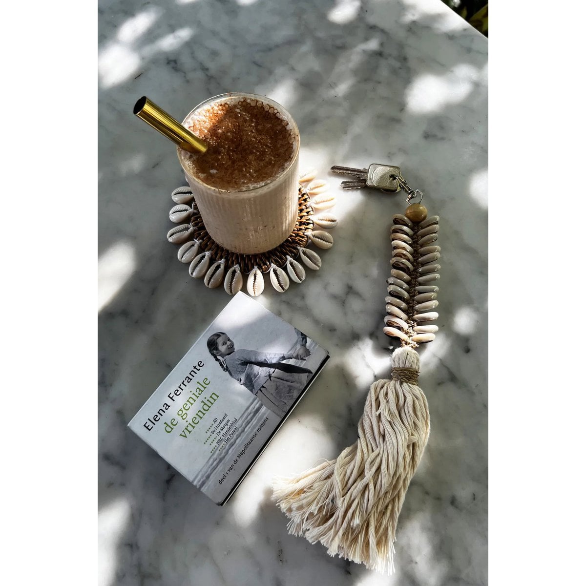 Macrame Keychain - Fishbone Design with Seashell and Tassel - Cream