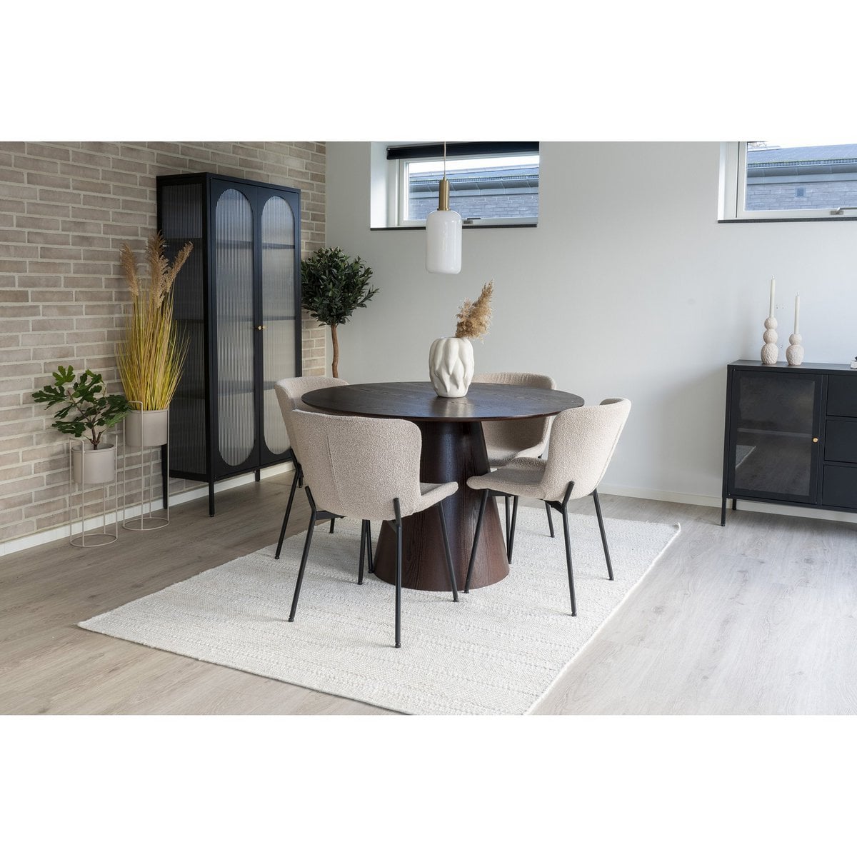 Bouclé Dining Chairs - Beige, Black Legs - Modern Set of 2