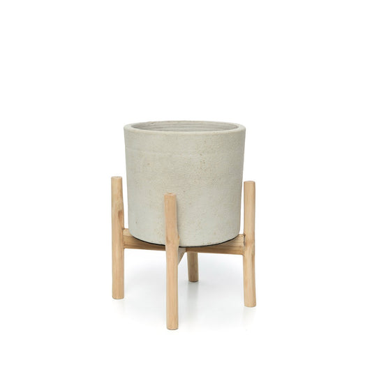 Terracotta Planter with Teak – Concrete Natural Low Planter, Small