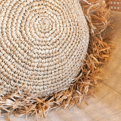 Raffia Throw Pillow - Round Boho Cushion with Fringes, 40/50 cm