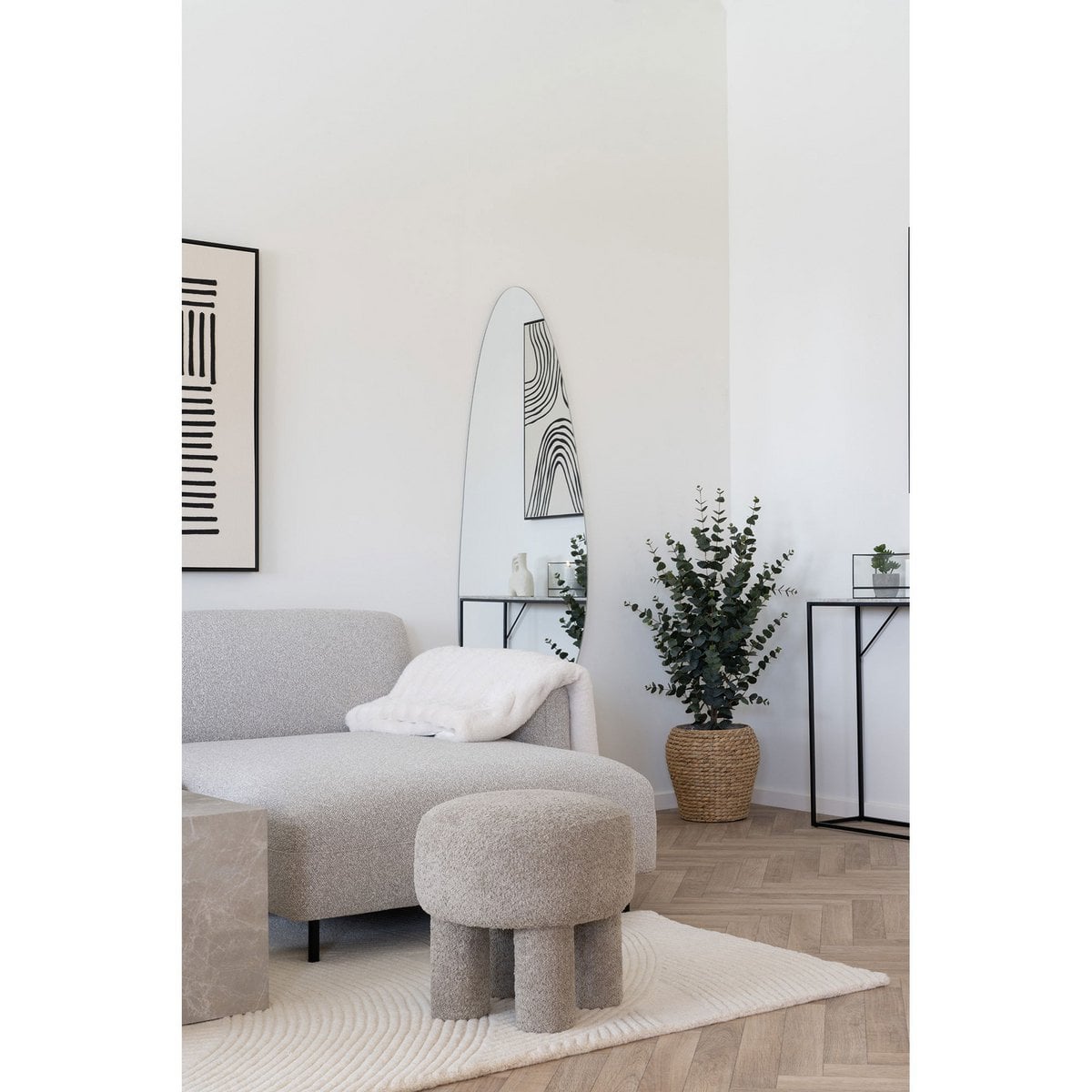 Light Grey Footstool Pouf - Modern Round Ottoman, 43cm