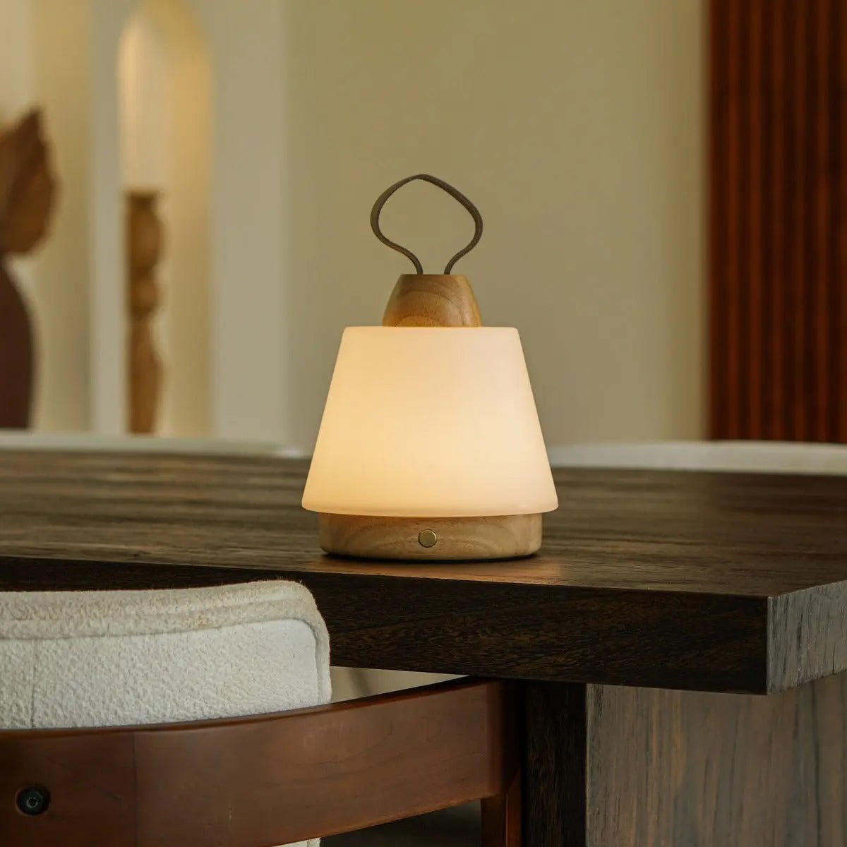 Rechargeable Table Lamp - Brown Wood & Leather, Dimmable