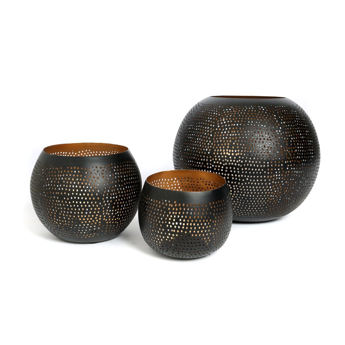 Brass Tea Light Holder - Pierced Ball Design - Black and Gold - Large