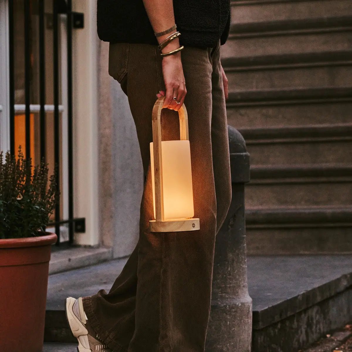 Light Brown Wooden Table Lamp - Cordless Rechargeable Dimmable