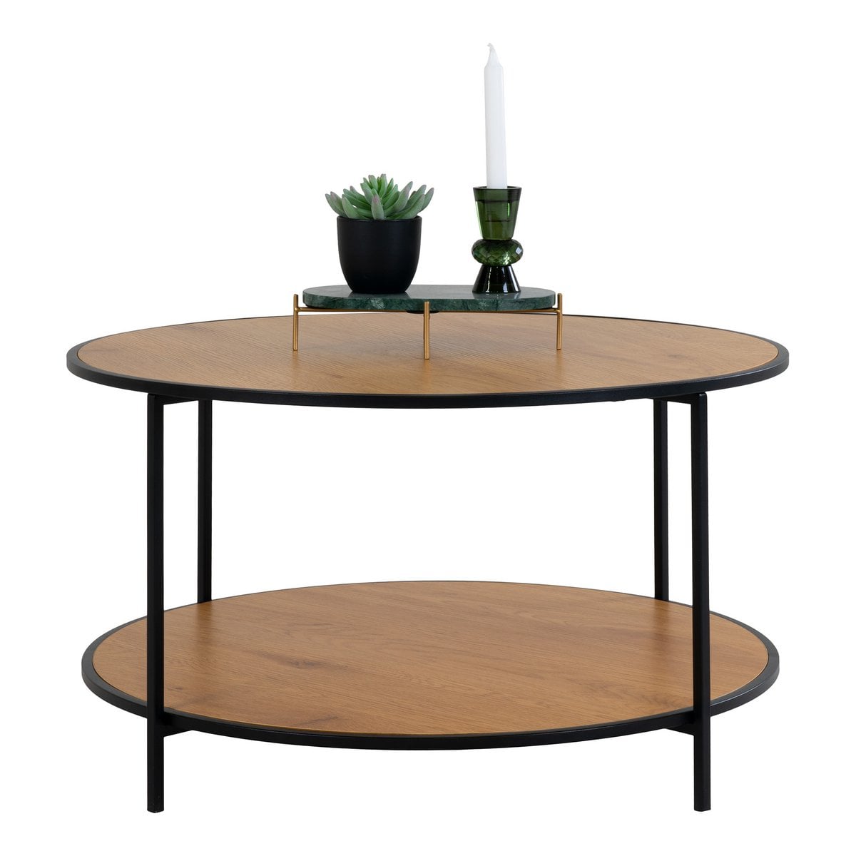 Oak Look Coffee Table with Steel Frame - Modern Round Table, 80cm