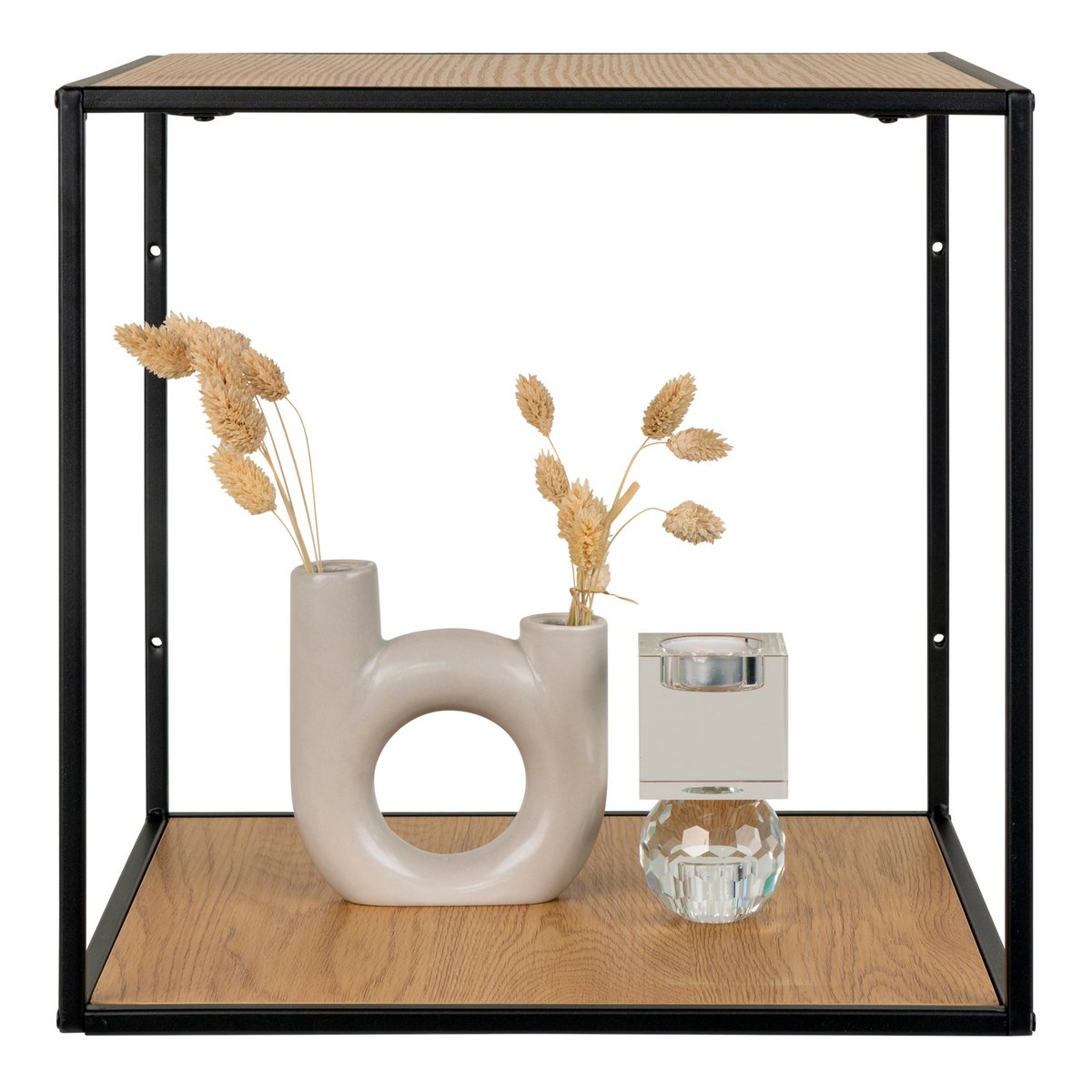 Oak Look Wall Shelf - Black Metal Frame, 36x36x36cm