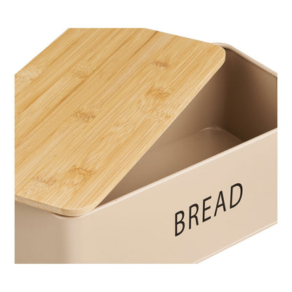 Metal Bamboo Bread Box Set – Beige Bread Storage with 3 Cans
