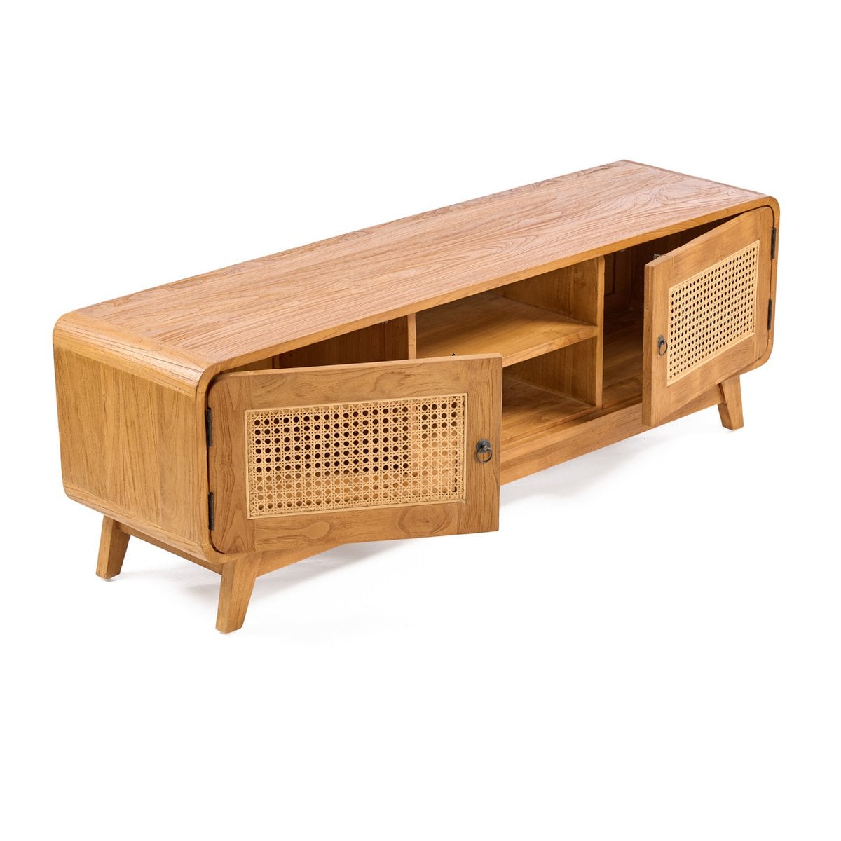 Teak and Rattan TV Stand - Mid-Century Modern Dune Cabinet, Natural