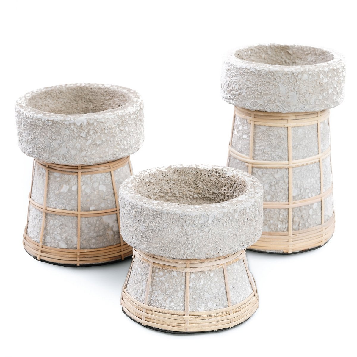 Concrete Tea Light Holder - Natural Rattan Grid Design - Medium