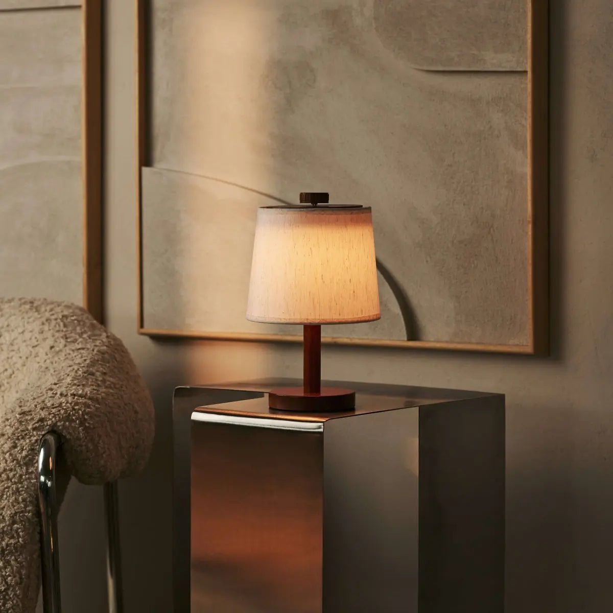 Rover Chestnut Brown Wooden Rechargeable Lamp | Cordless, Dimmable & Linen Blend