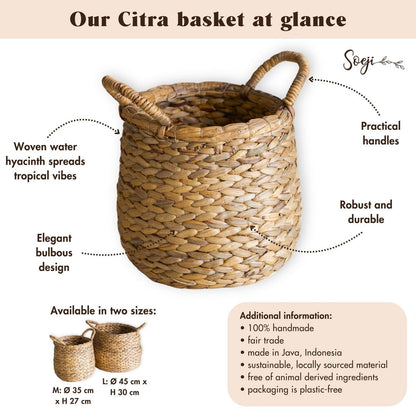 Round Woven Laundry Basket – Bulbous Boho Hamper – Natural Plant Basket – Large Water Hyacinth Storage Basket (2 sizes) CITRA