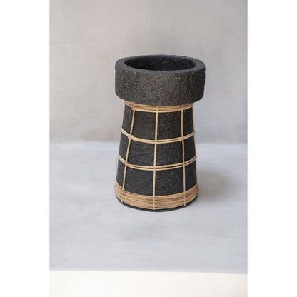 Terracotta Tea Light Holder - Black Rattan Candle Holder, Large