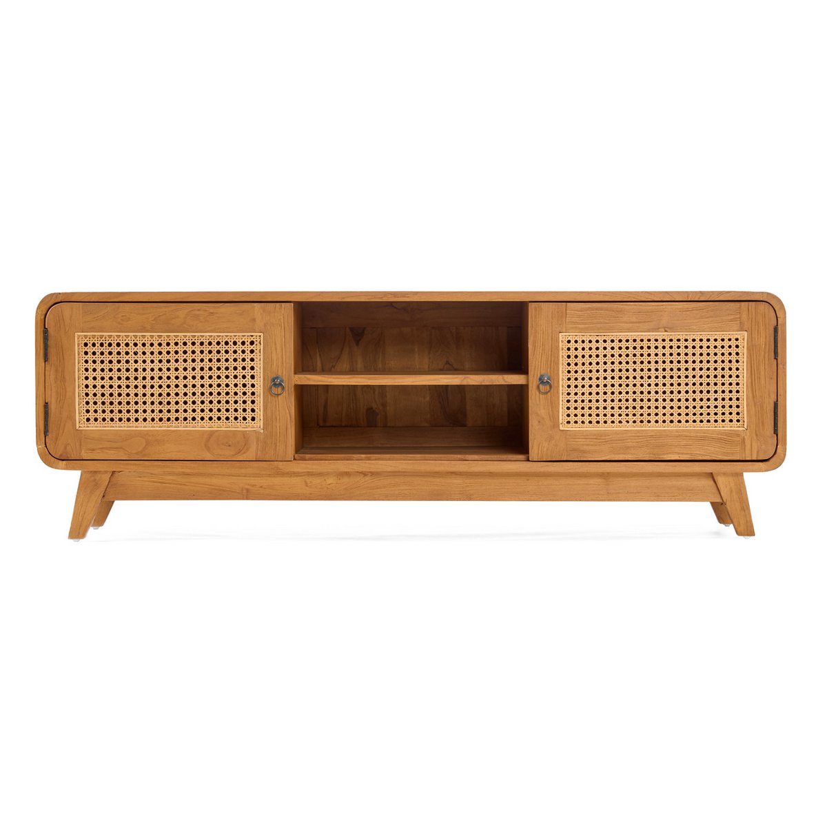 Teak and Rattan TV Stand - Mid-Century Modern Dune Cabinet, Natural