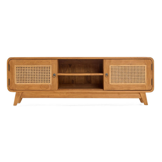 Teak and Rattan TV Stand - Mid-Century Modern Dune Cabinet, Natural