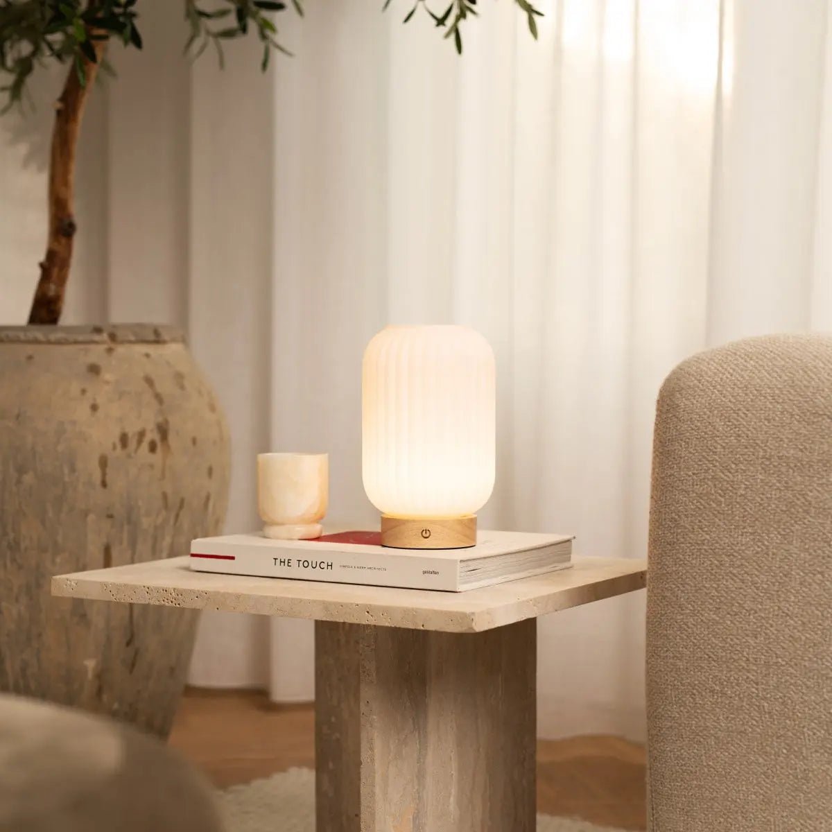 Rubberwood Table Lamp – Light Brown Rechargeable Lamp with 3 Light Modes