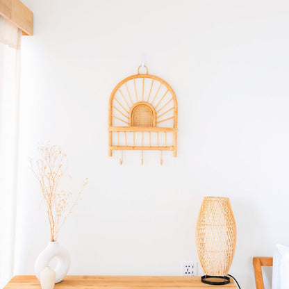 Rattan Wall Shelf with Hooks – Small Boho Hanging Shelf, 41x53 cm
