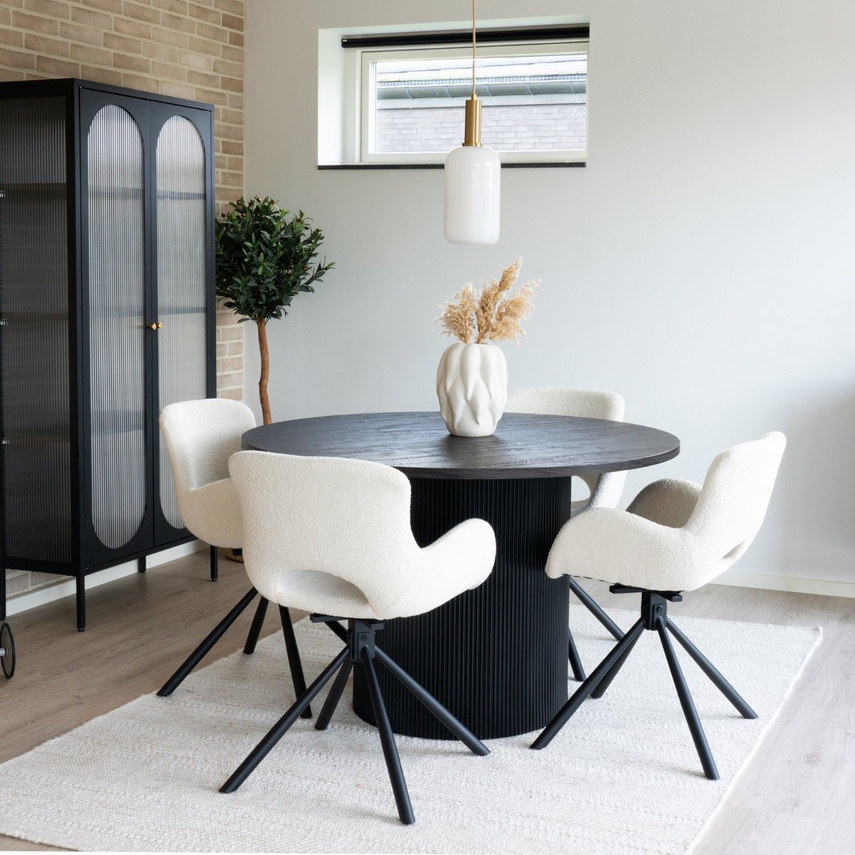 Bouclé Dining Chairs - Off-White Swivel Chairs with Black Metal Legs