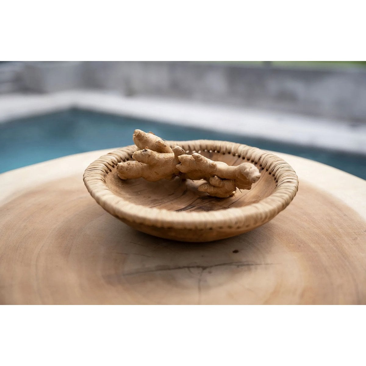 Teak Wood Bowl - Natural Raffia Decorative Bowl - Large