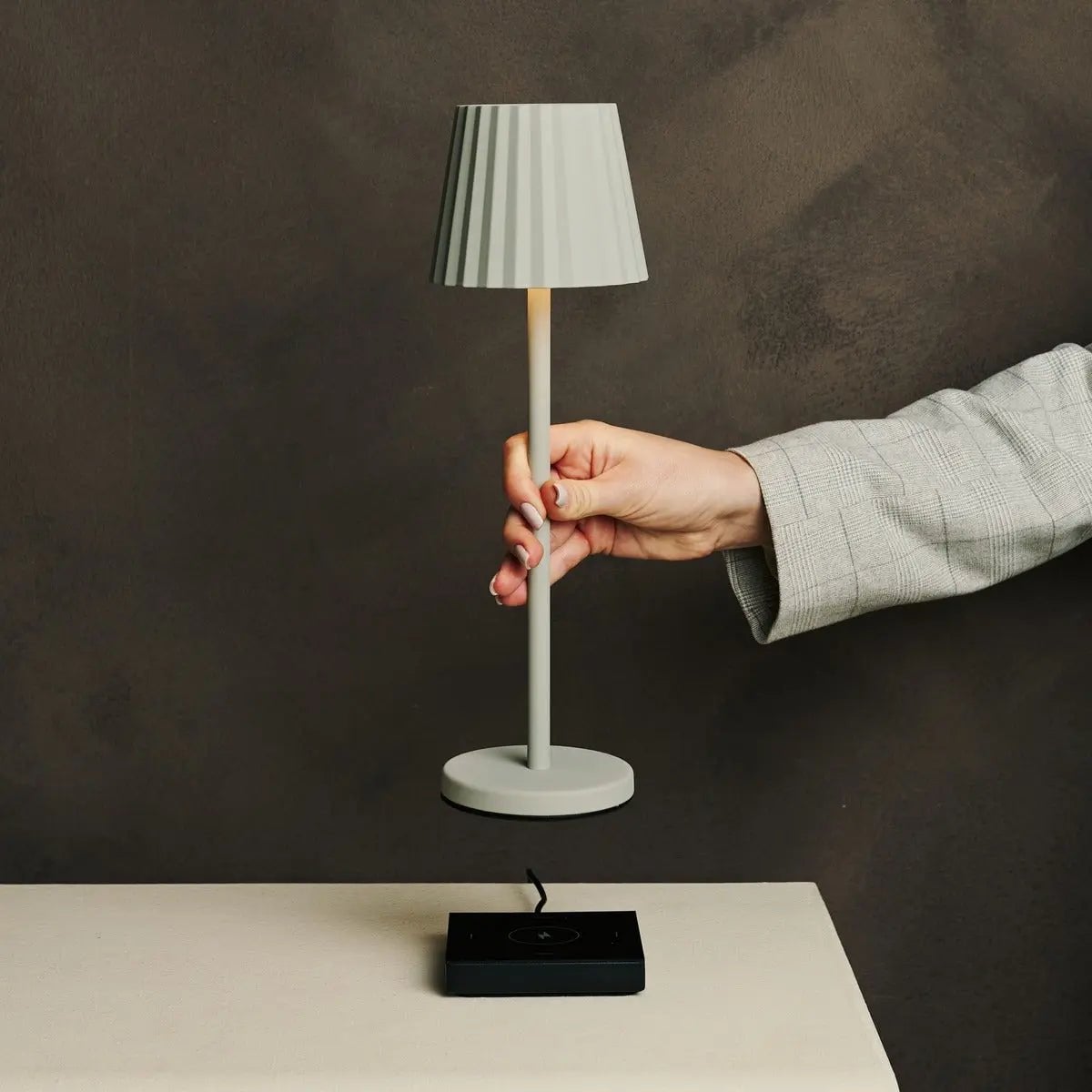 Maya Shadow Grey Ribbed Table Lamp | 3 Light Modes & Rechargeable via Charging Station