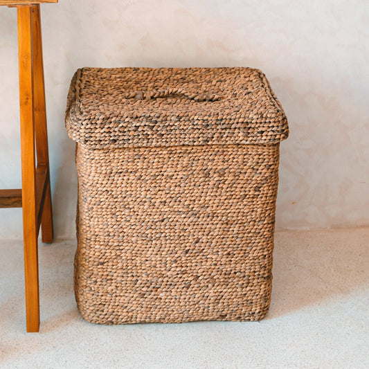 Woven Laundry Basket with Lid – Brown Water Hyacinth Hamper, Large