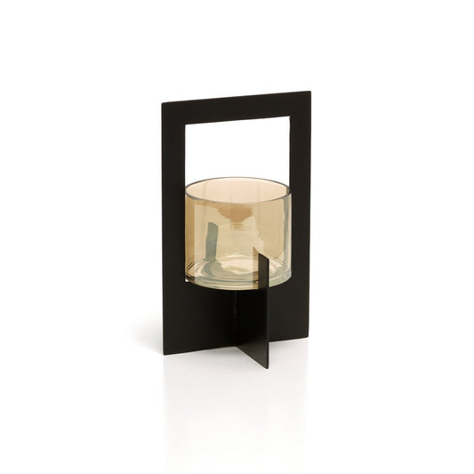 Metal Candle Holder - Black Recycled Glass Hurricane Lantern - Large