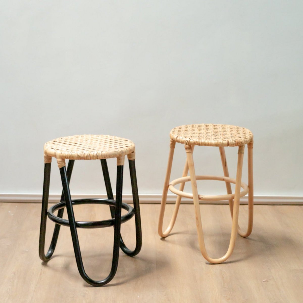 Rattan Stool with Woven Seat – Black Round Accent Stool, 35cm