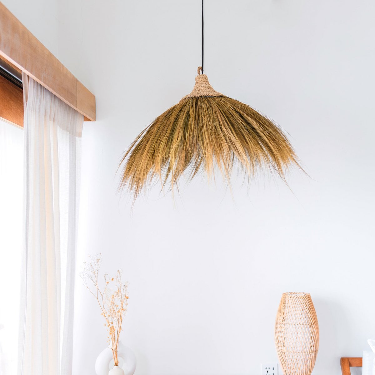 Seagrass Pendant Light - Natural Boho Lampshade with Fringes, 53cm