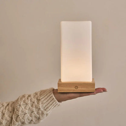 Zayn Light Brown Wooden Rechargeable Table Lamp | Dimmable, Glass & Cordless