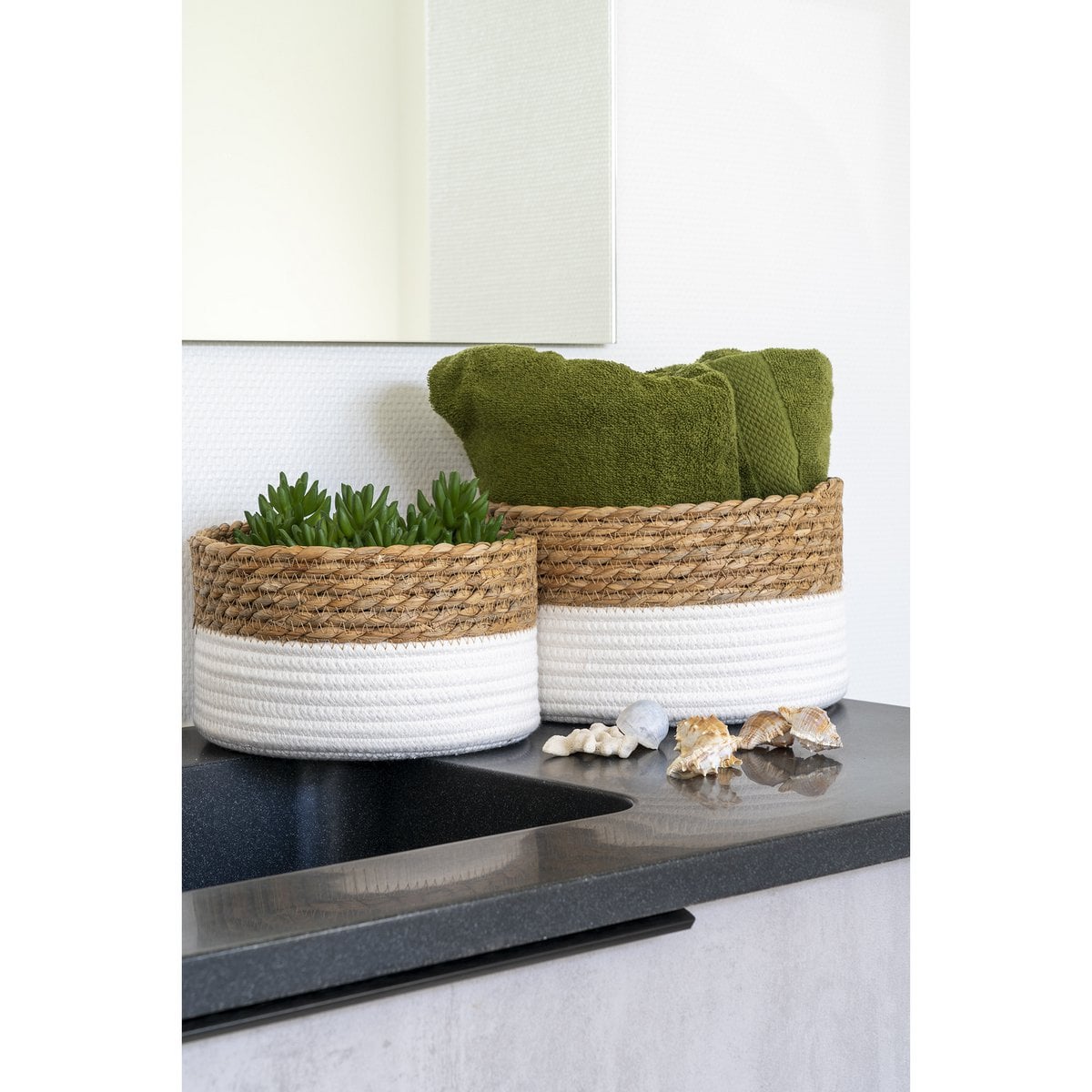 Reed & Cotton Storage Baskets - White/Natural Boho Set, 25cm