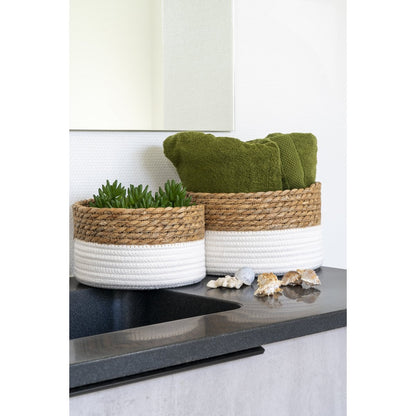 Reed & Cotton Storage Baskets - White/Natural Boho Set, 25cm