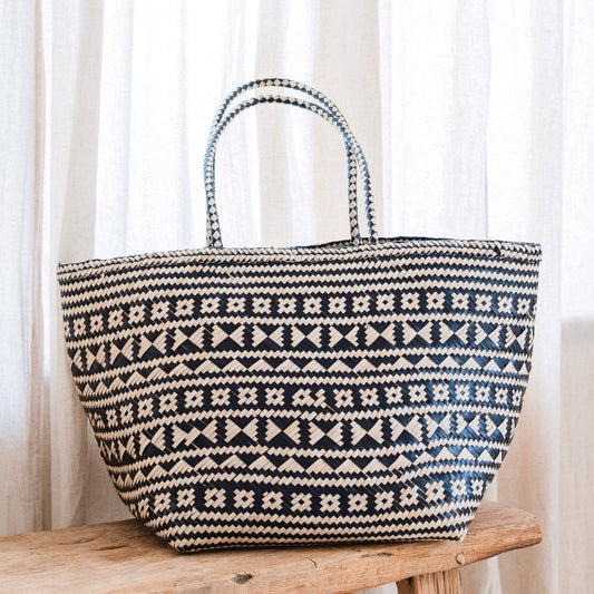 Seagrass Tote Bag - Large Woven Boho Beach Bag - Black