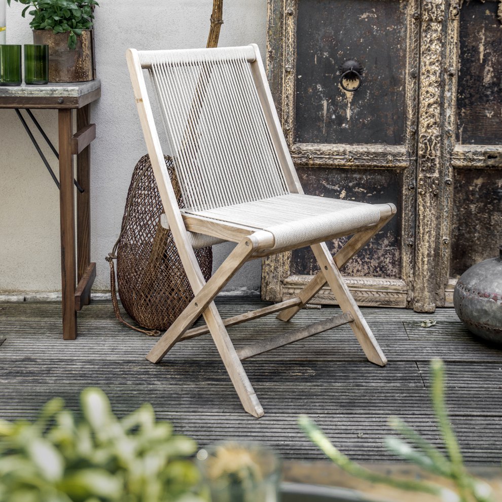Teak Garden Chair with Rope Seat - Folding Outdoor Chair, Natural