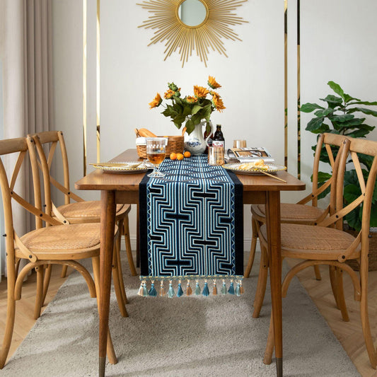 Geometric Shapes Table Runner with Tassel | Bar, Dining Table Decor - JUGLANA