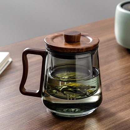 Heat Resistant Tea Mug | Wood Lid, Metal Infuser | Toned Glass - JUGLANA