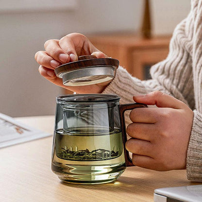 Heat Resistant Tea Mug | Wood Lid, Metal Infuser | Toned Glass - JUGLANA